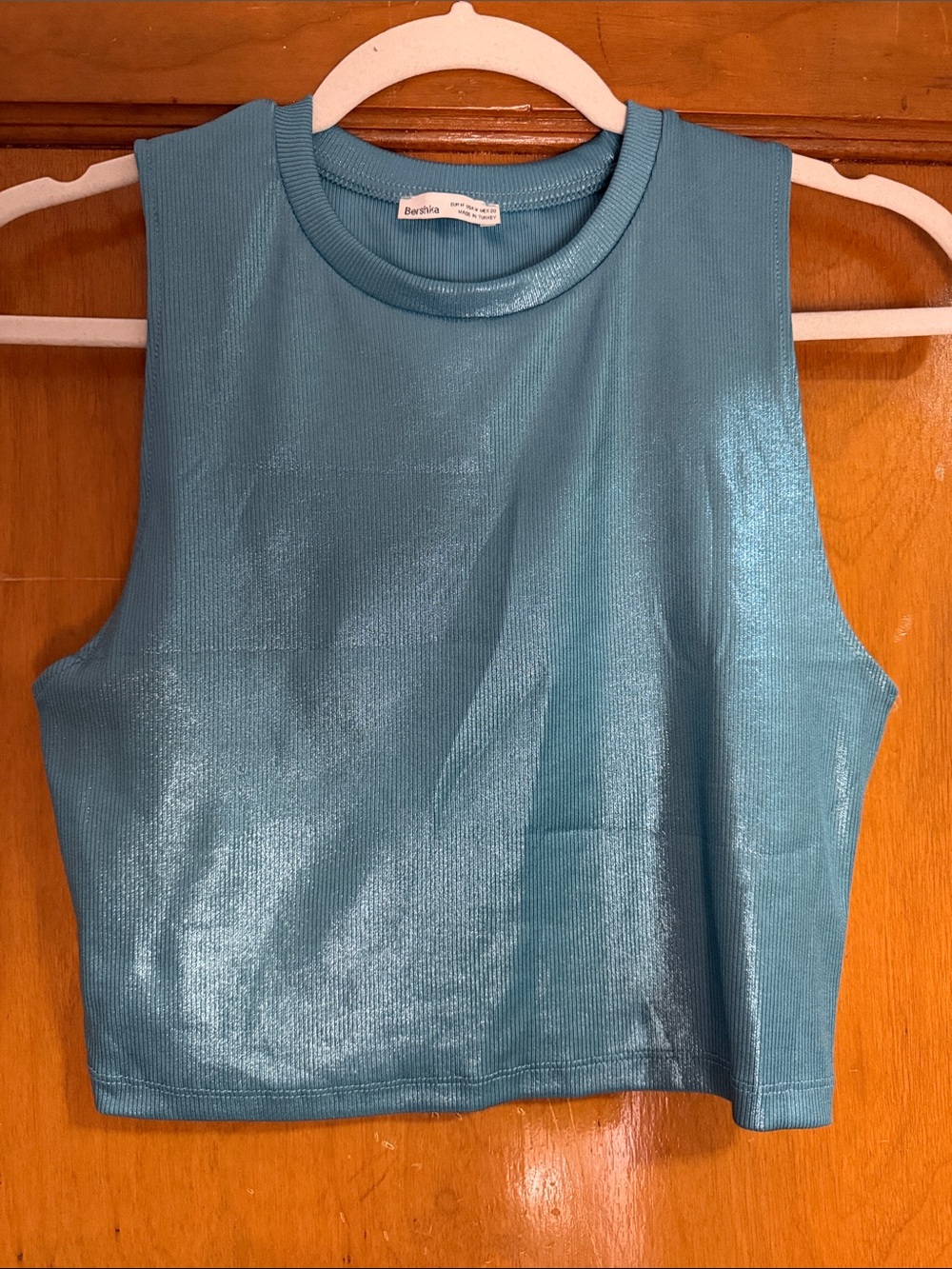 Bershka Teal Shimmer Sleeveless Crop Top